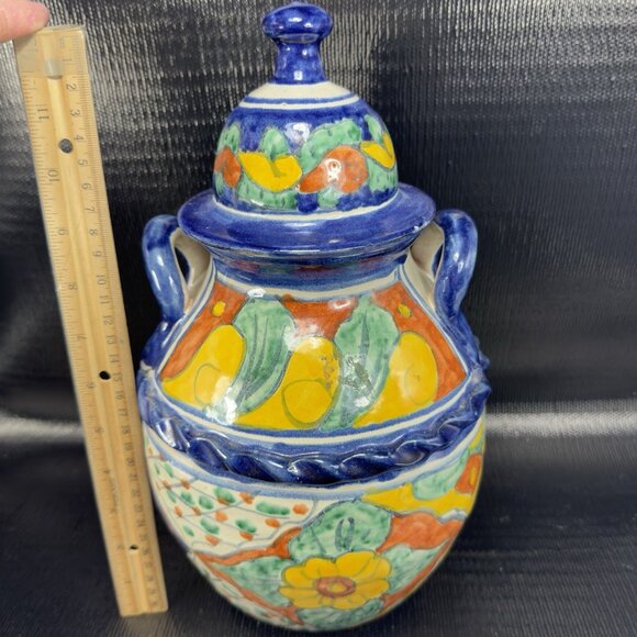 Hand Made Mexican Pottery Talavera Large Jug Container Cookie Jar W Lid Vintage - Picture 2 of 15